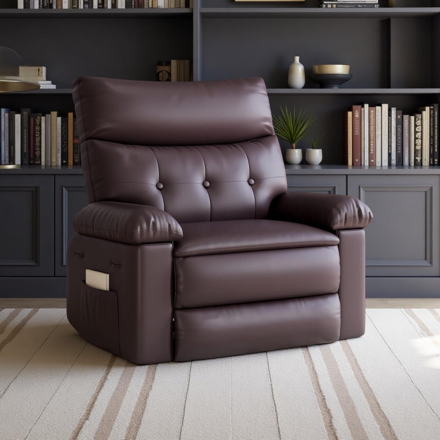 Oversized Recliner Chair, Manual Recliner Chair with 1.5X Sponge Filling and Side Pocket, Easy Recline System, Faux Leather Adult Reclining Sofa Chair for Living Room, Bedroom, Nursery