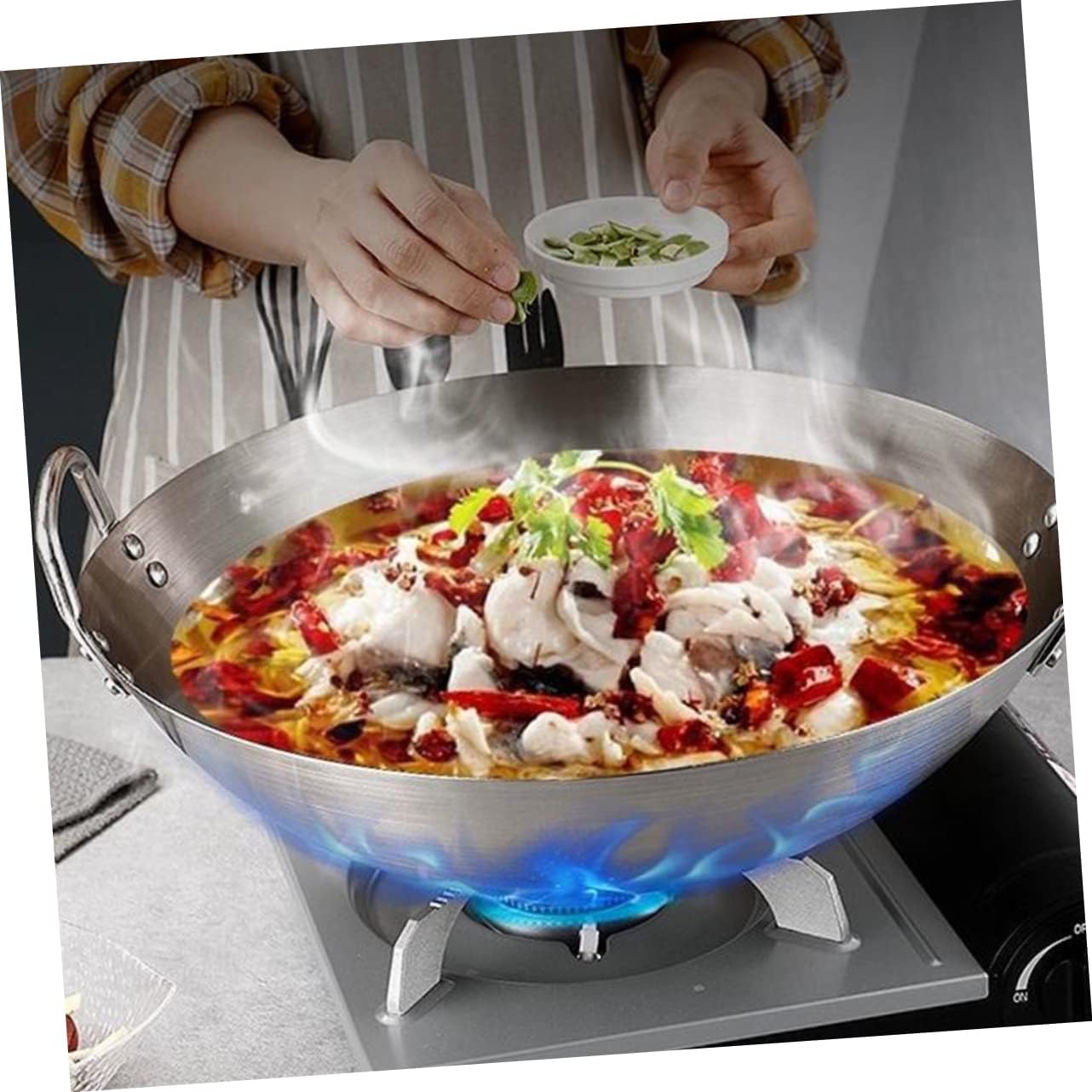 2 Pcs Stainless Steel Wok Outdoor Griddle Round Bottom Wok Flat Frying Pan Stainless Steel Wok with Lid Stovetop Griddle Paella Cooking Pan Practical Cooking Wok Camping Wok Wok/1164 (Color : Silverx