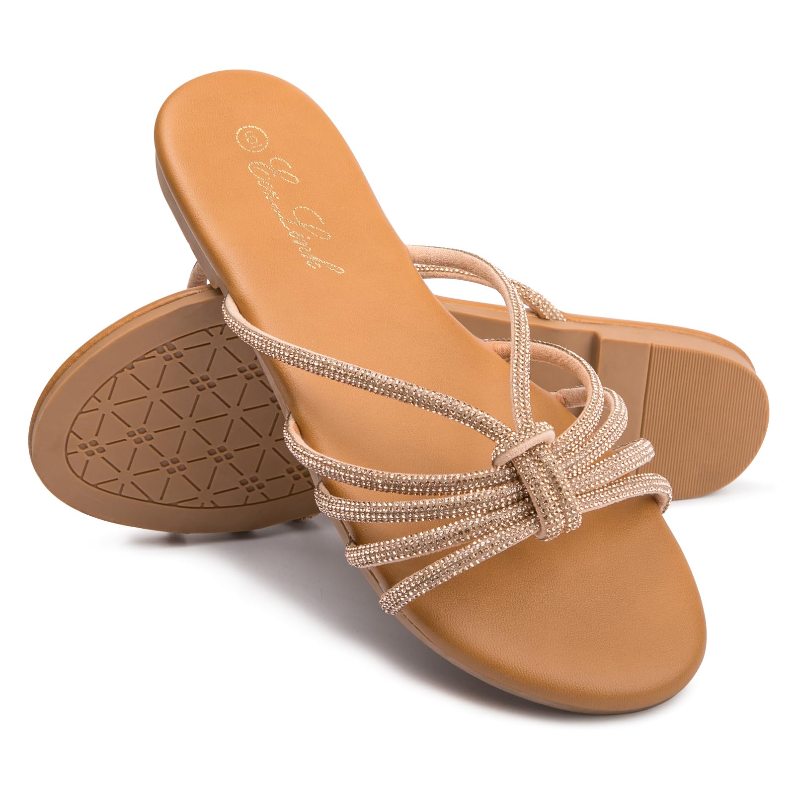 Eozlink Women's Flat Sandals Rhinestone Open Toe Sandals for Women Casual Sparkle Flat Sandals for Women Glitter Bling Evening Party Prom Dance Slide