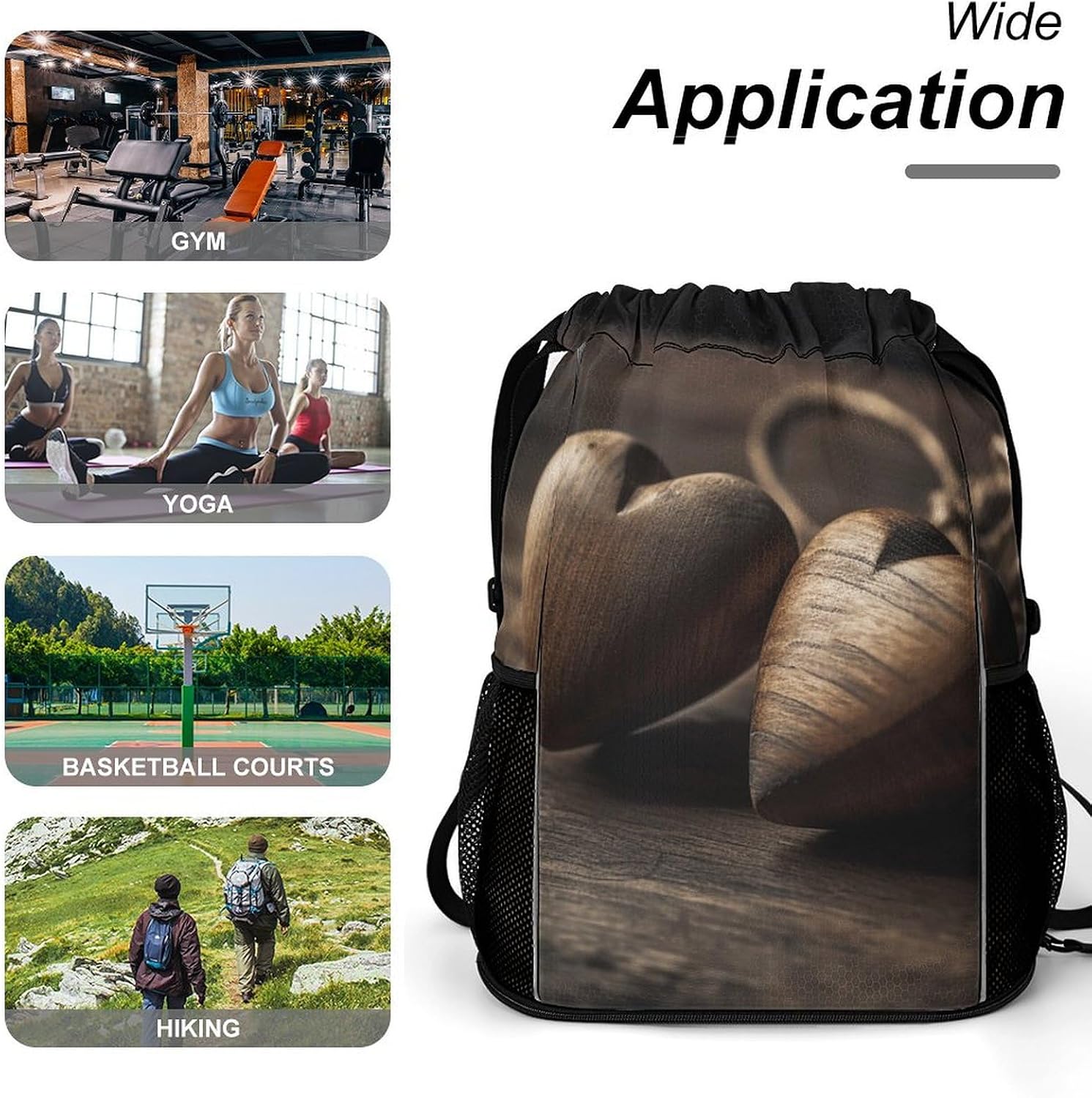 Drawstring Backpack Gym Drawstring Bag for Men Two Wood Heart Shapes Draw String Bags Gym Bag Cinch Bag