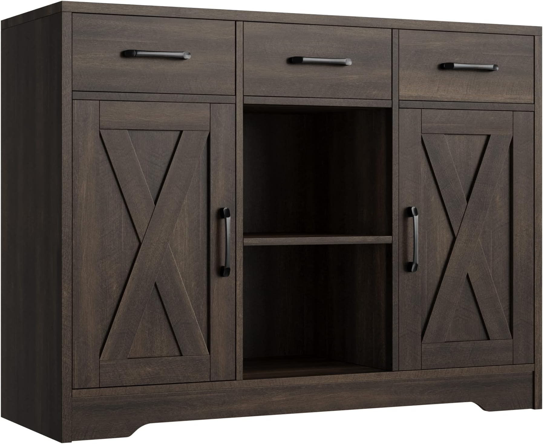 HOSTACK Modern Farmhouse Buffet Storage Cabinet with Barn Doors Sideboard with Drawers and Shelves, Wood Coffee Bar Cabinet for Kitchen, Dining Room, Living Room, Dark Brown