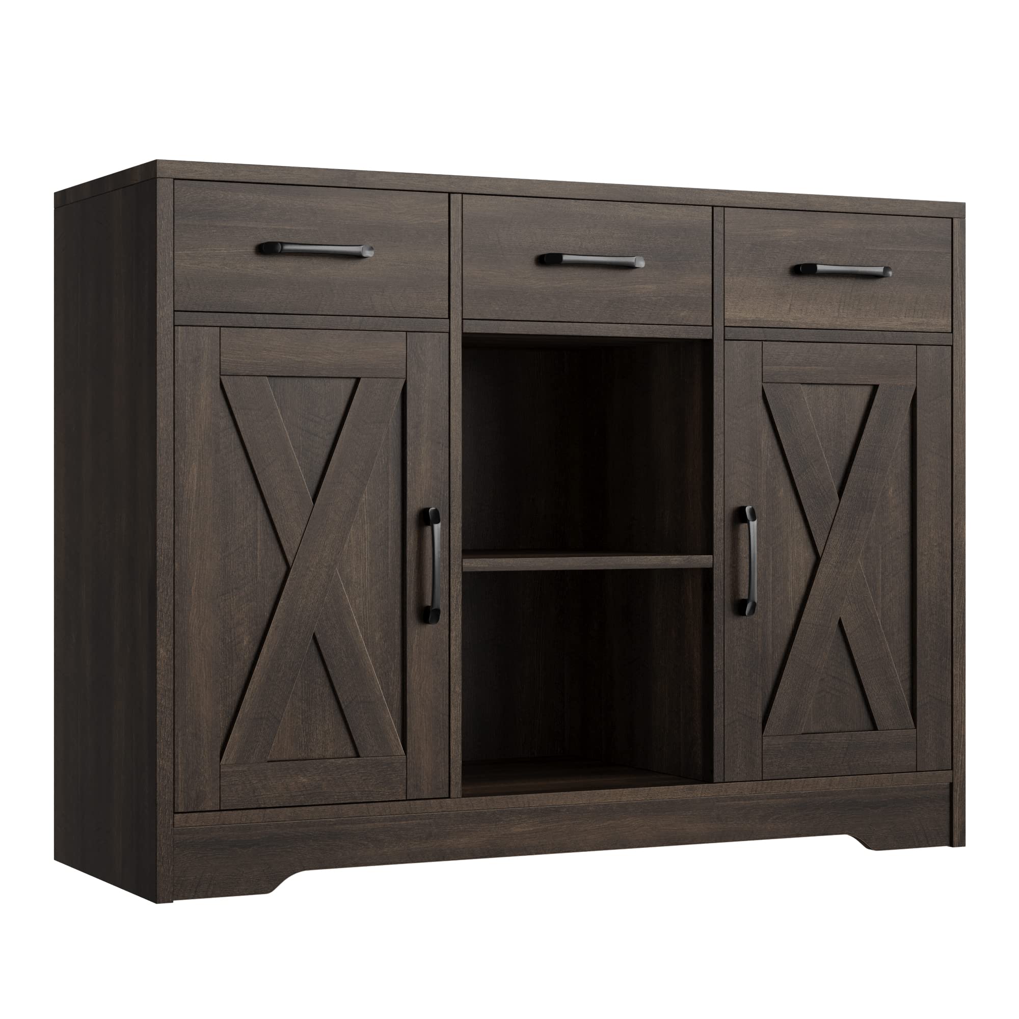 HOSTACK Modern Farmhouse Buffet Storage Cabinet with Barn Doors Sideboard with Drawers and Shelves, Wood Coffee Bar Cabinet for Kitchen, Dining Room, Living Room, Dark Brown