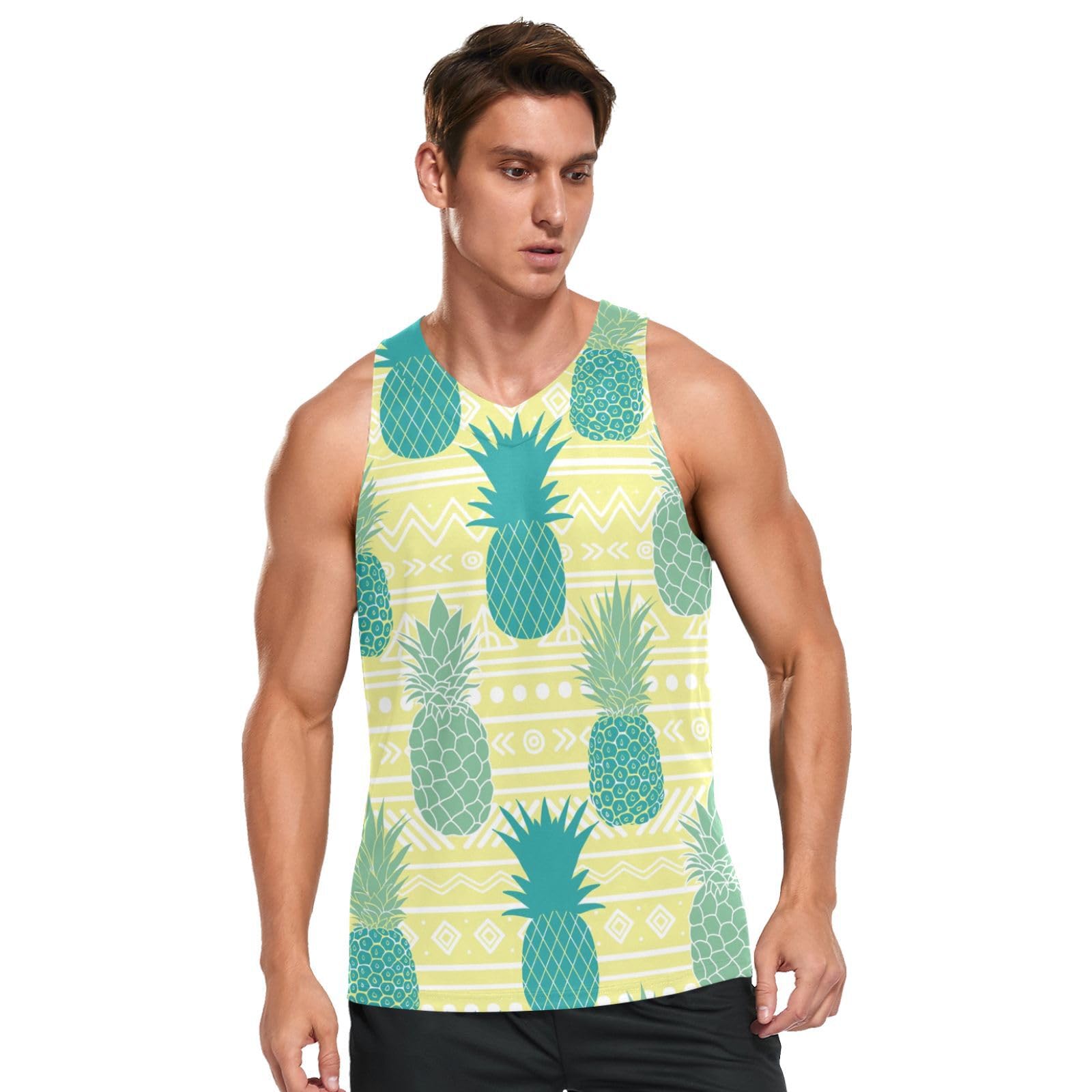 Linomo Men's Multicoloured Tank Tops Tropical Pineapple Pattern Summer Sleeveless Tops Sports Vest Athletic Training Gym Training Tops T-Shirt