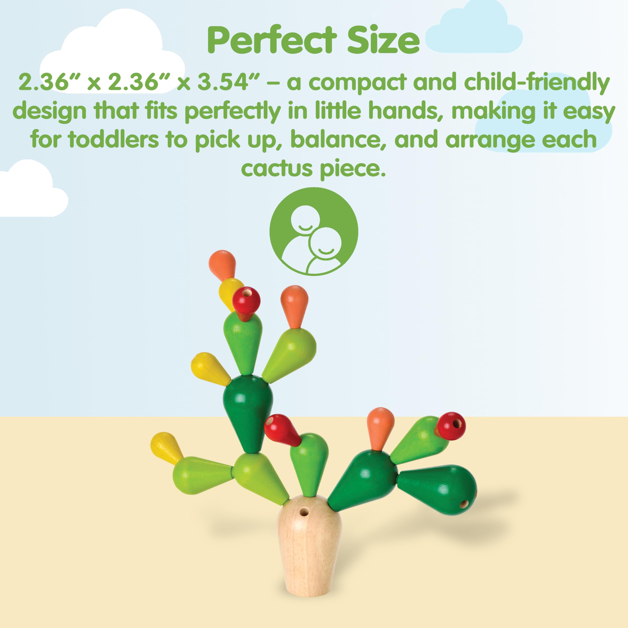 PlanToys Cactus Équilibrant - Jouet de Motricité Coloré en Bois 3+ Ans - Jeu de Construction pour 1 à 4 Joueurs avec Socle et 18 Branches, Wood
