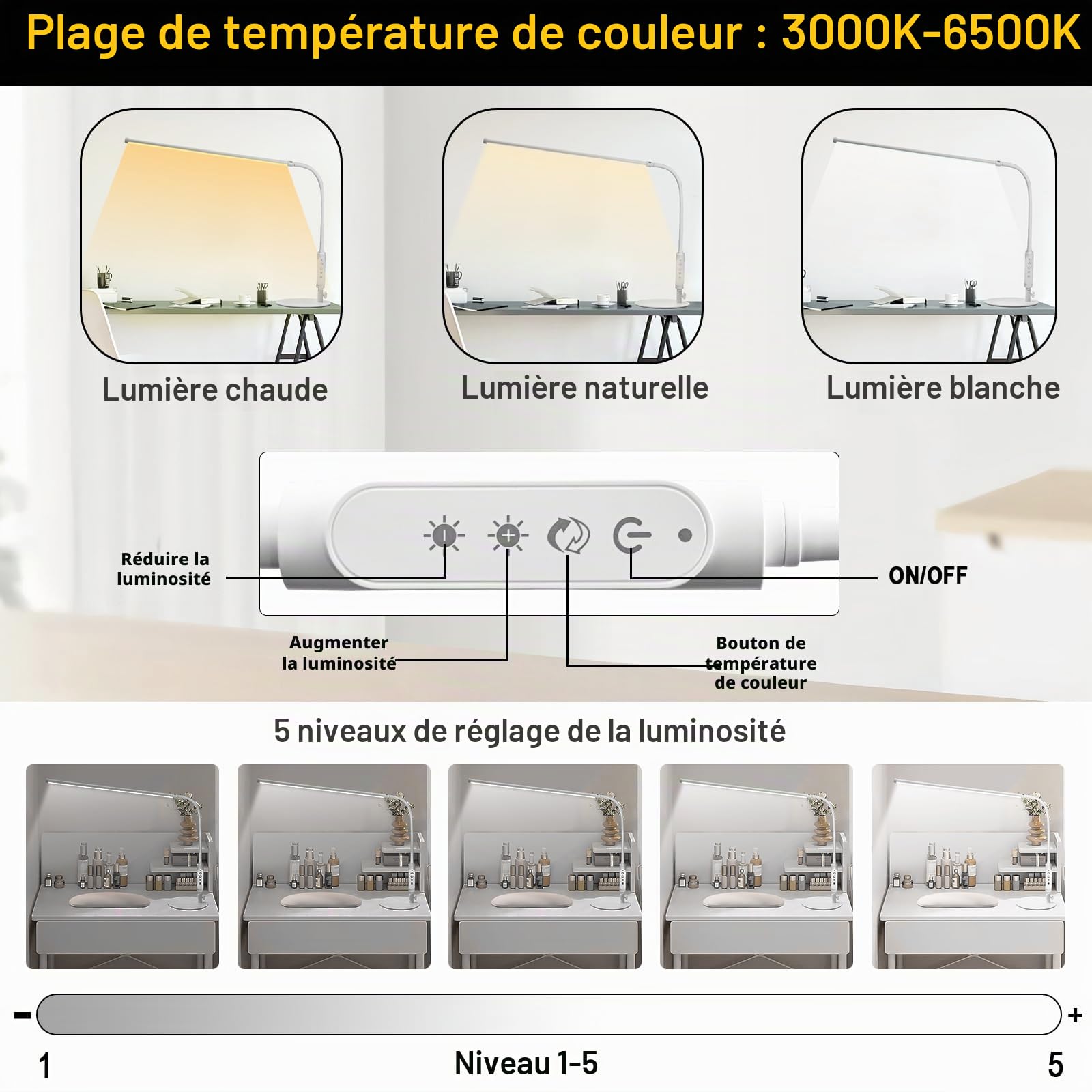 CGBE 60cm Lampe de Table Manucure LED pour Prothésiste Ongulaire Blanc | 360 ° Flexible, 18W LED Anti-éblouissement, 3 Modes 5 Intensités Réglable, Contrôle Tactile, Pour Manucure Lecture Travail