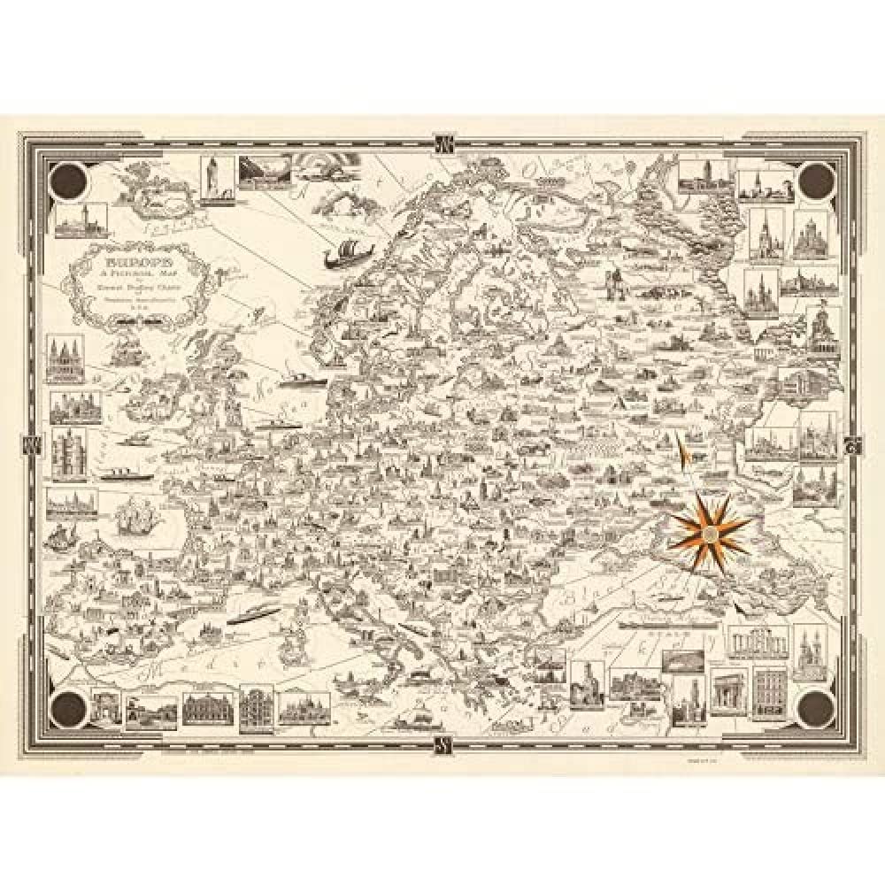 Artery8 1938 Europe Map by Ernest Dudley Chase Wall Art Print : Pictorial Vintage Continental Map for Living Room or Office Perfect for Travel and Geography Fans