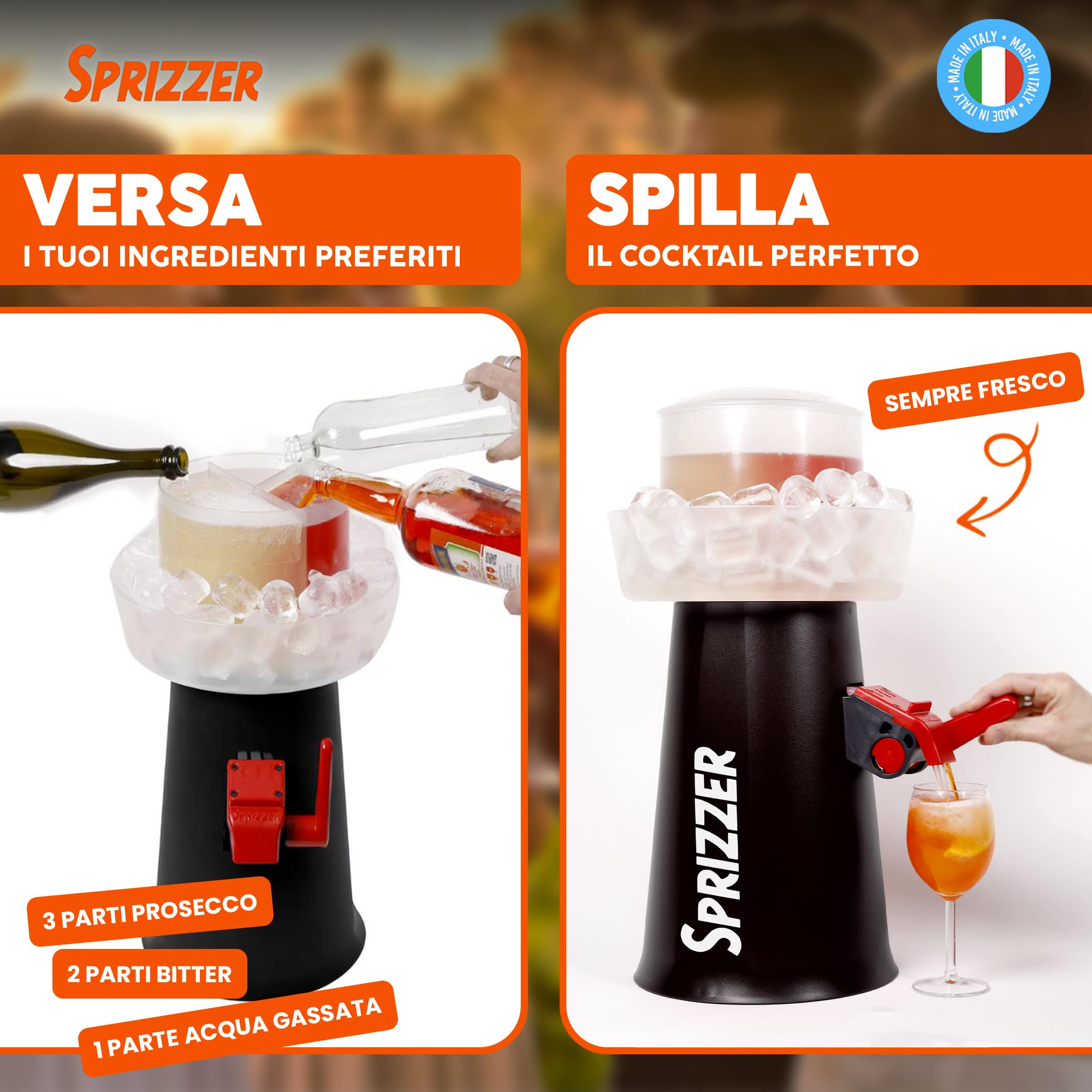 Sprizzer - Sprizzer Machine per lo Spritz, Dispenser con Miscelatore per Aperitivo e Aperol Spritz, Contenitore per Ghiaccio, 3L, Erogatore Manuale senza Elettricità o Batterie, Nero, Made in Italy