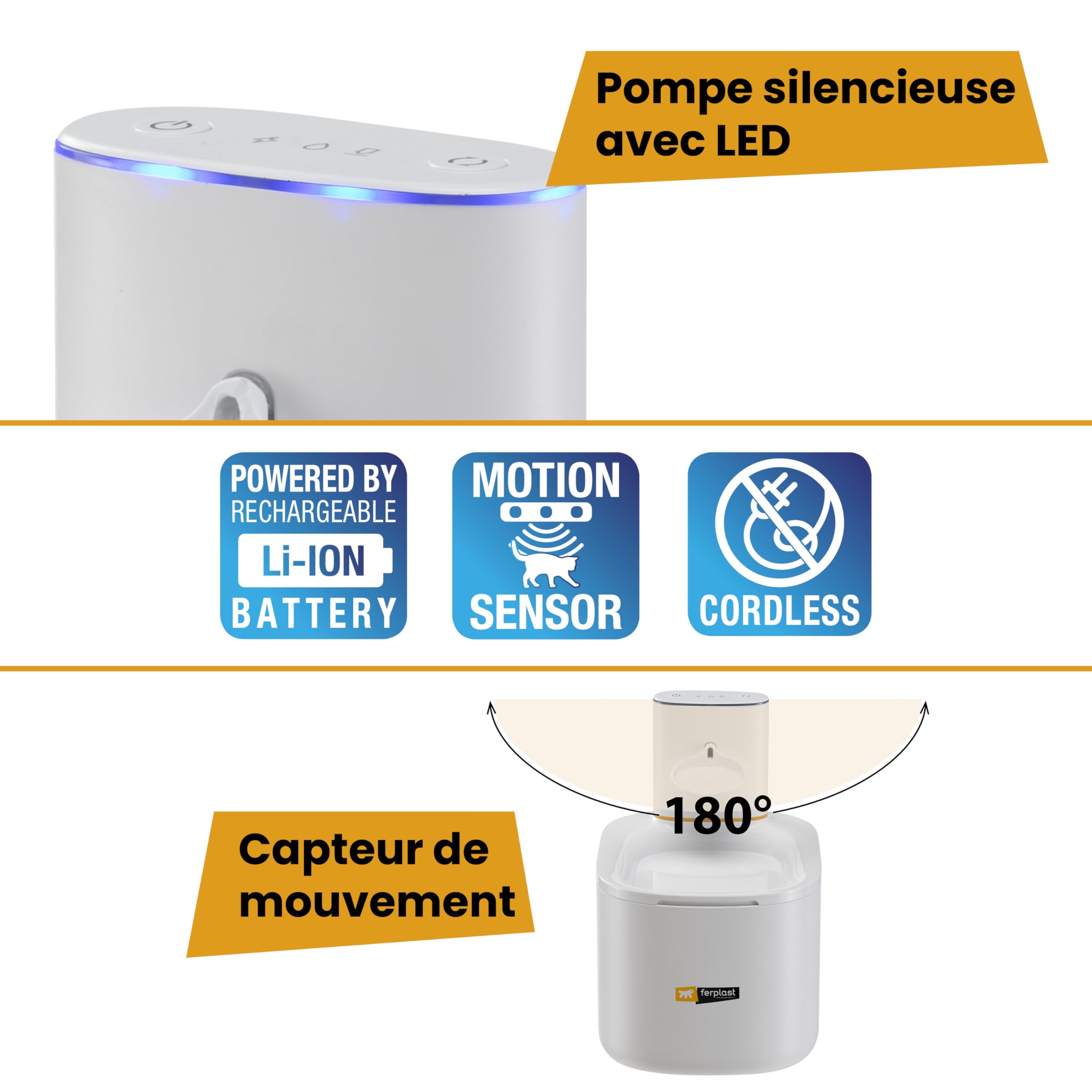 Ferplast Fontaine a Eau Chat Astra Fontaine à Eau pour Chat, Distributeur d'eau pour Chat Rechargeable avec Capteur de Mouvement, 3 L, Filtre à Trois Étapes, USB-C Inclus