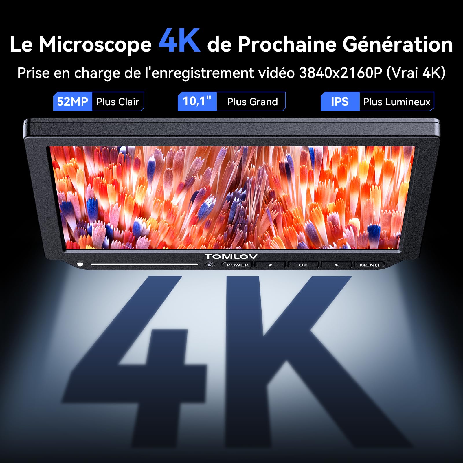 TOMLOV TM4K-AF Max Microscope Numérique Autofocus 4K 2000X HDMI 10,1" IPS Bras Rotatif 360 52MP Caméra pour Soudure