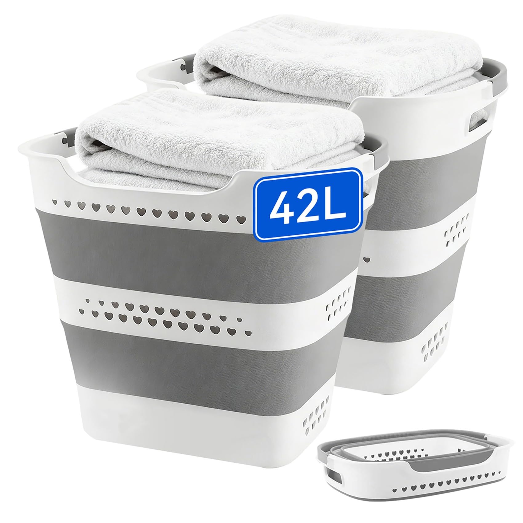 Photo 1 of 2 Pcs 42L Medium Collapsible Plastic Laundry Basket with Handles, Foldable Laundry Basket Hamper, Pop Up Storage Container Organizer for Washing Storage (Gery, 17 Inch * 13 Inch * 15 Inch)