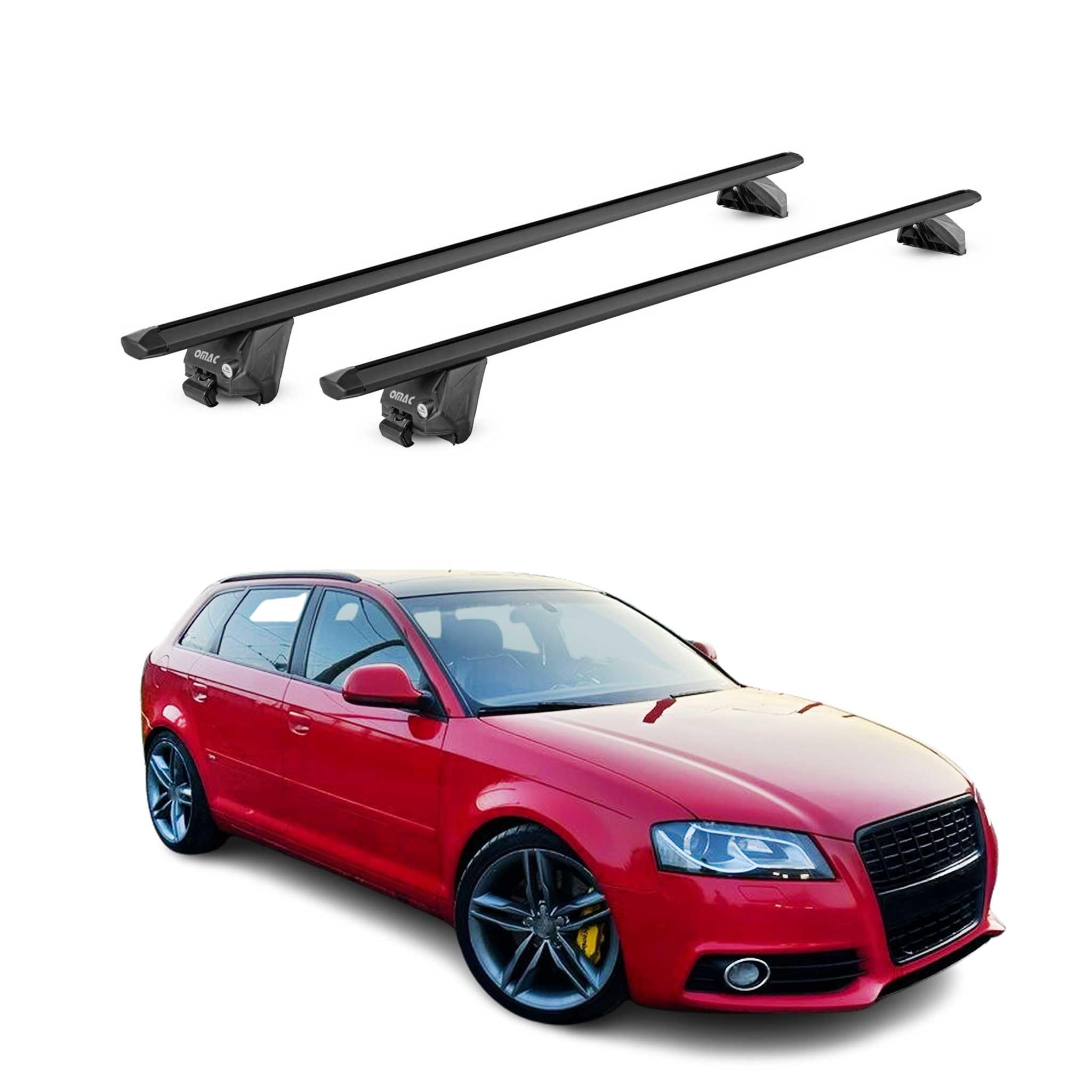 OMAC Barre Portatutto Alluminio TÜV geprüft per Audi A3 8PA Sportback 2005-2013 – per Rail Tetto Integrati – T Nut – Max 100 kg – 2 Schlösser Nero