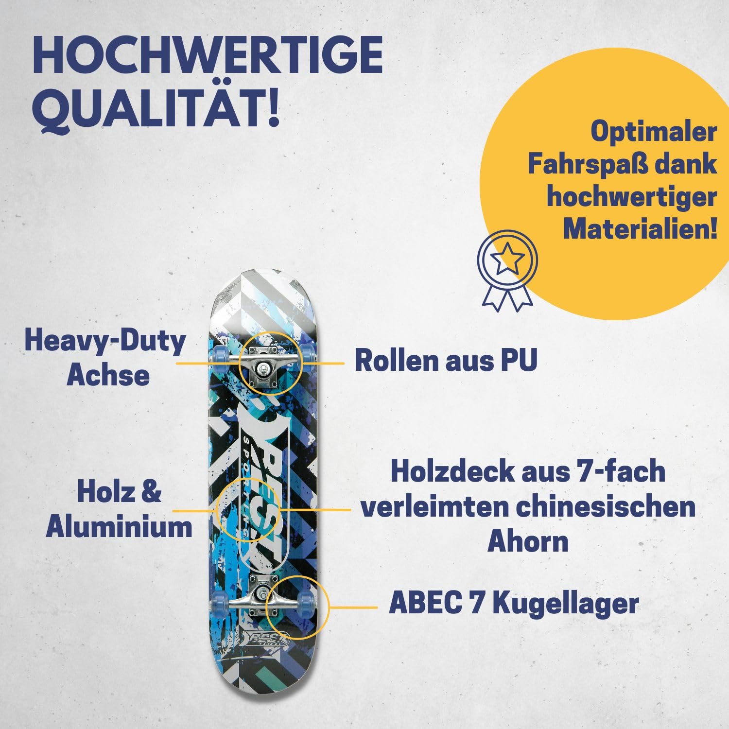 BEST SPORTING Skateboard A7 Street – Skateboard für Kinder & Anfänger mit ABEC 7 Kugellagern – Rutschfestes 7-lagiges Ahorn-Deck – 100 kg belastbar – Cooles Design (Street Blue)