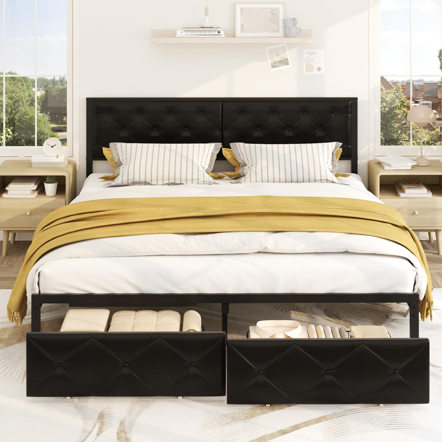 Marco de Cama Matrimonio de 180 x 200 cm con Base de Carga y Cabezal Acolchado, Estructura de Cama de Metal con Cesta, Ruedas de Metal, Capacidad de Peso de 300 kg, fácil de Montar