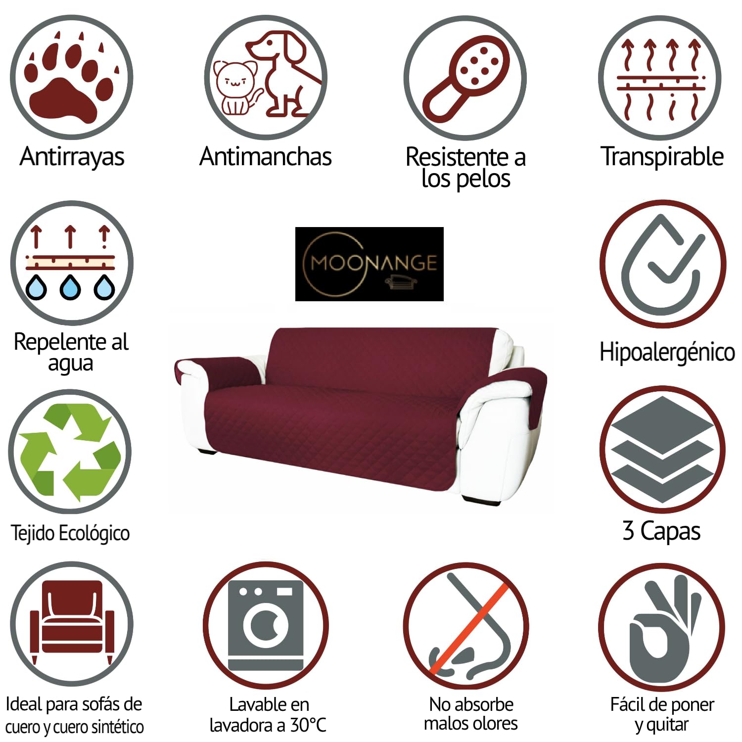 Moonange - Funda para Sofá de 3 Plazas - Asiento de 165 cm - Impermeable, Reversible y Antimanchas - Protector de Muebles Antideslizante y Resistente a los Arañazos - Color Beige