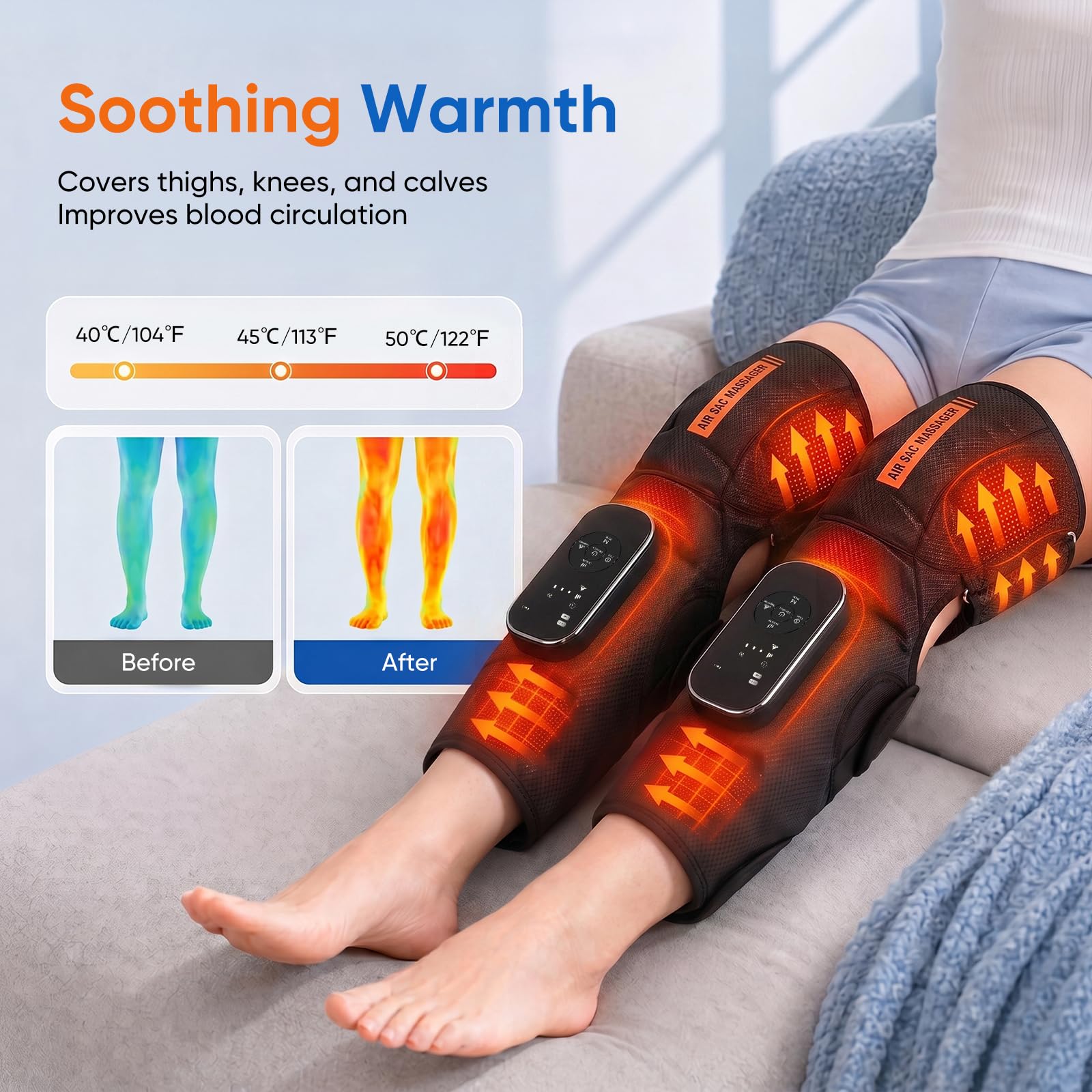Kabelloses Beinmassagegerät mit Heizung, 2 Airbags Luftkompressionsmassage für Oberschenkel Knie Waden, 4 Modi 5 Intensitäten 3 Heizstufen, EMS-Vibration, HD-Bildschirm, 2500mAh Akku