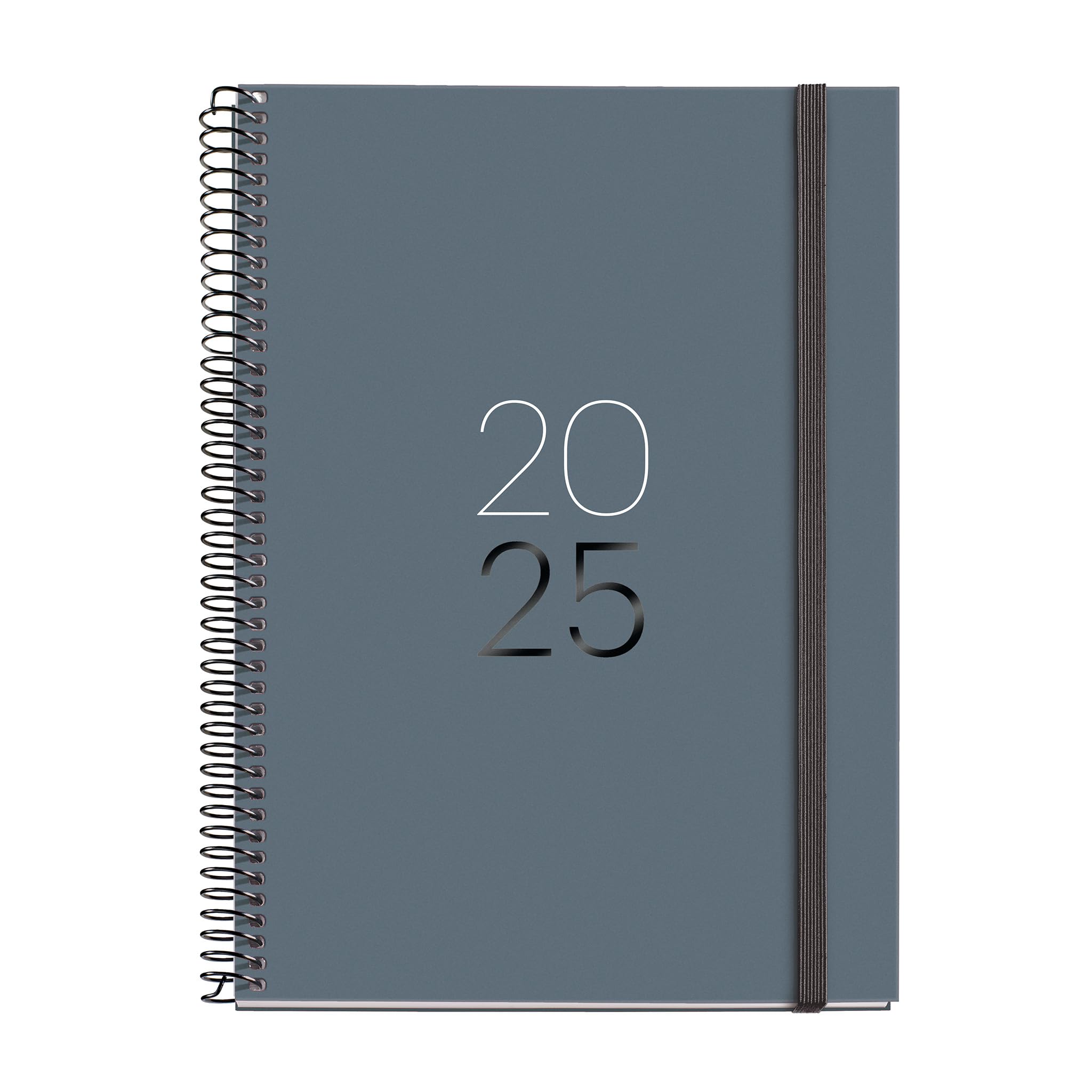 Miquelrius - 2025 Diary, 155 x 213 mm, Week to View Agenda, Laminated Cardboard Cover, Spiral, Elastic Closure, Paper 80 g/m², Catalan, English and Portuguese, Graphite