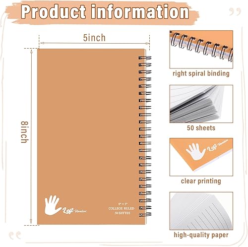 Miniatura 2 de Patelai Paquete de 10 cuadernos pequeños para zurdos encuadernados en espiral para zurdos de 8 x 5 pulgadas, 50 hojas con rayas universitarias,