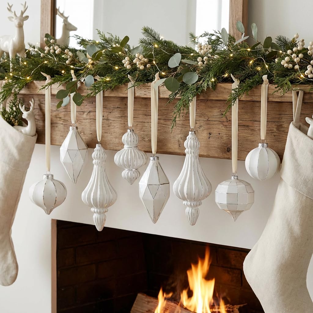 Valery Madelyn Glass Christmas Ornaments Set, 8ct White and Silver Hanging Ornaments for Christmas Trees, Elegant Xmas Decorations Ball Ornaments Bulk for Holiday Decor