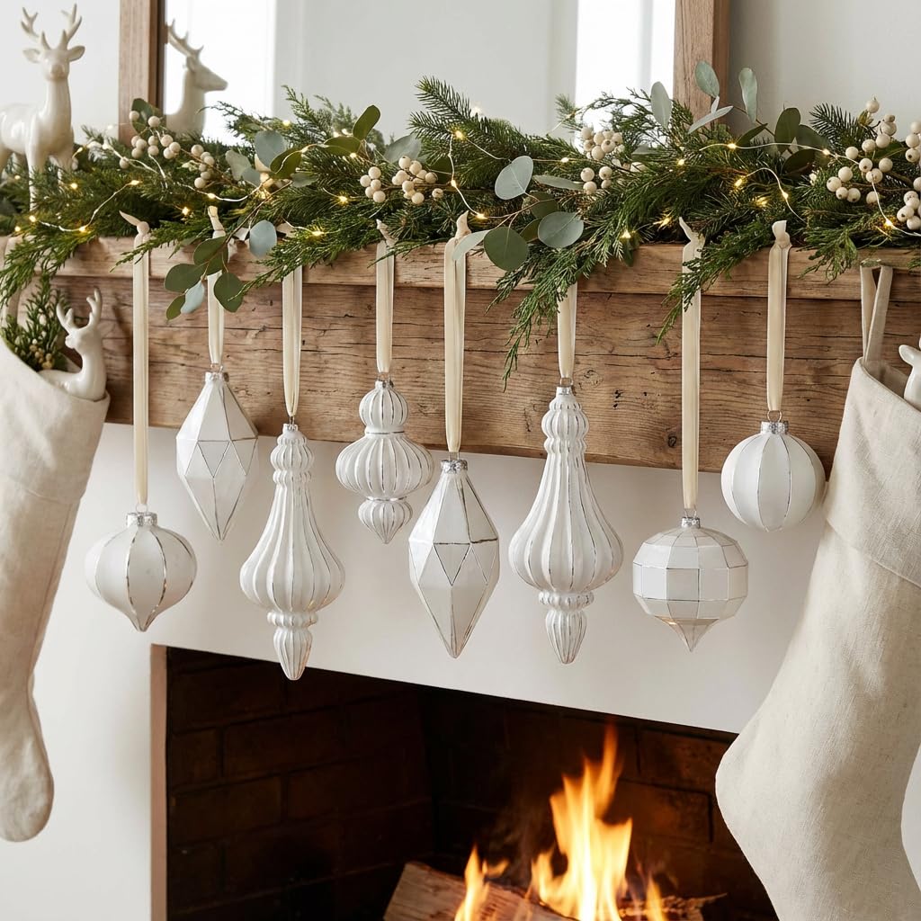 Valery Madelyn Glass Christmas Ornaments Set, 8ct White and Silver Hanging Ornaments for Christmas Trees, Elegant Xmas Decorations Ball Ornaments Bulk for Holiday Decor