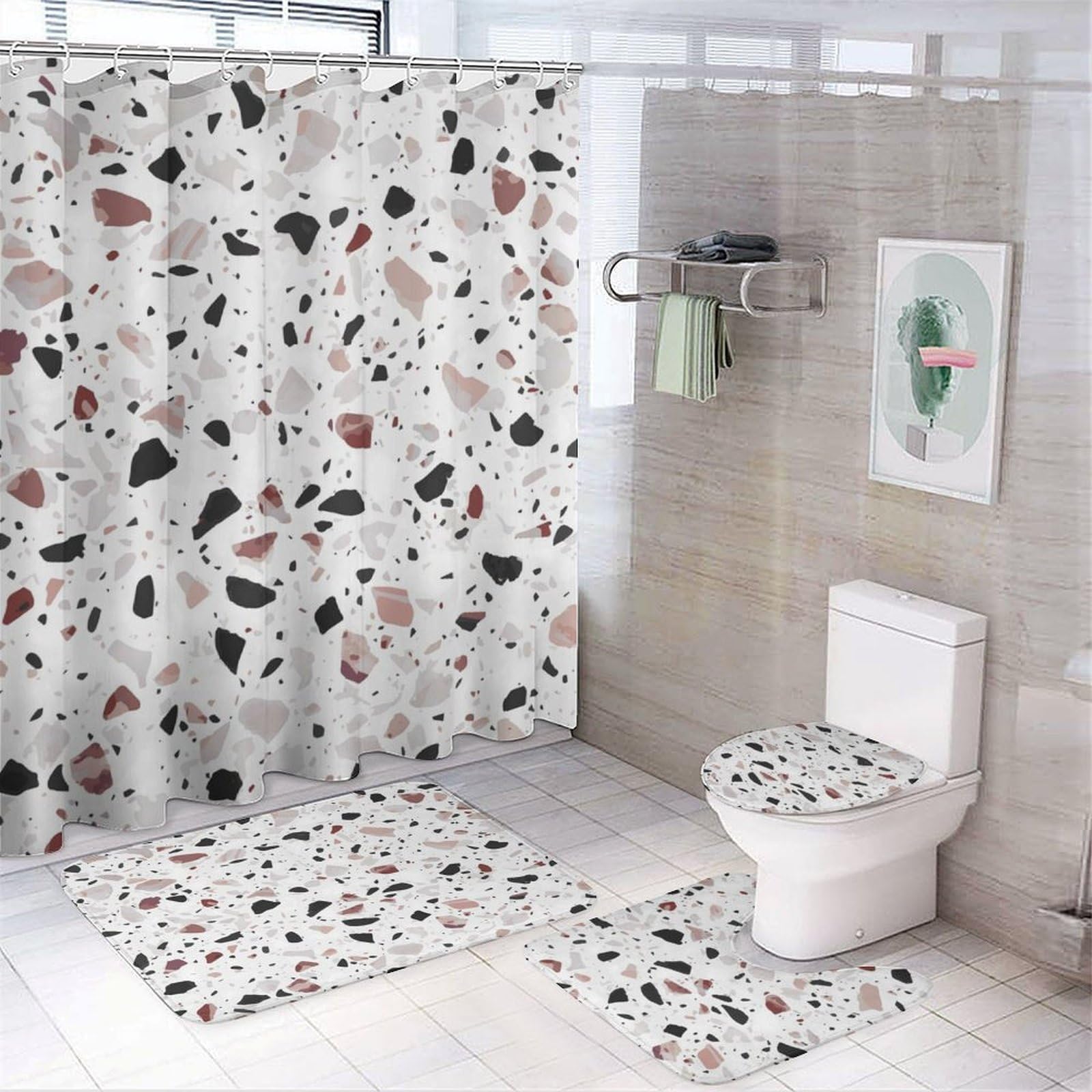 Ensemble de salle de bain terrazzo rouge 4 pièces avec rideau de douche et tapis assortis