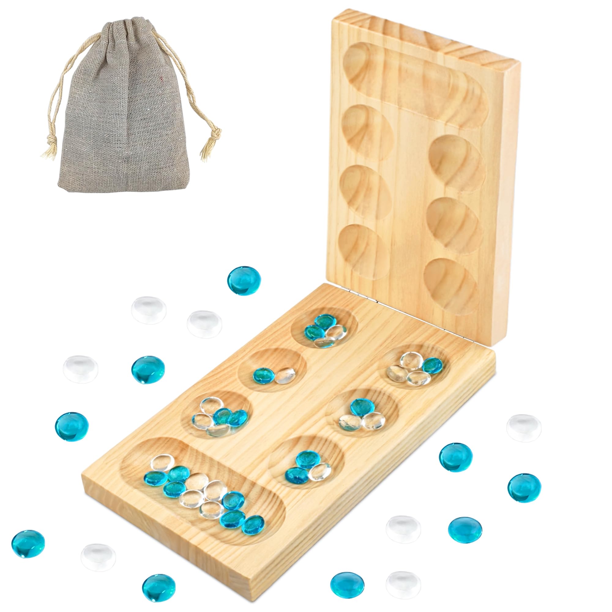 TOWO Wooden Mancala Board Game - Folding Board With Natural Stone Pebbles Strategy Game