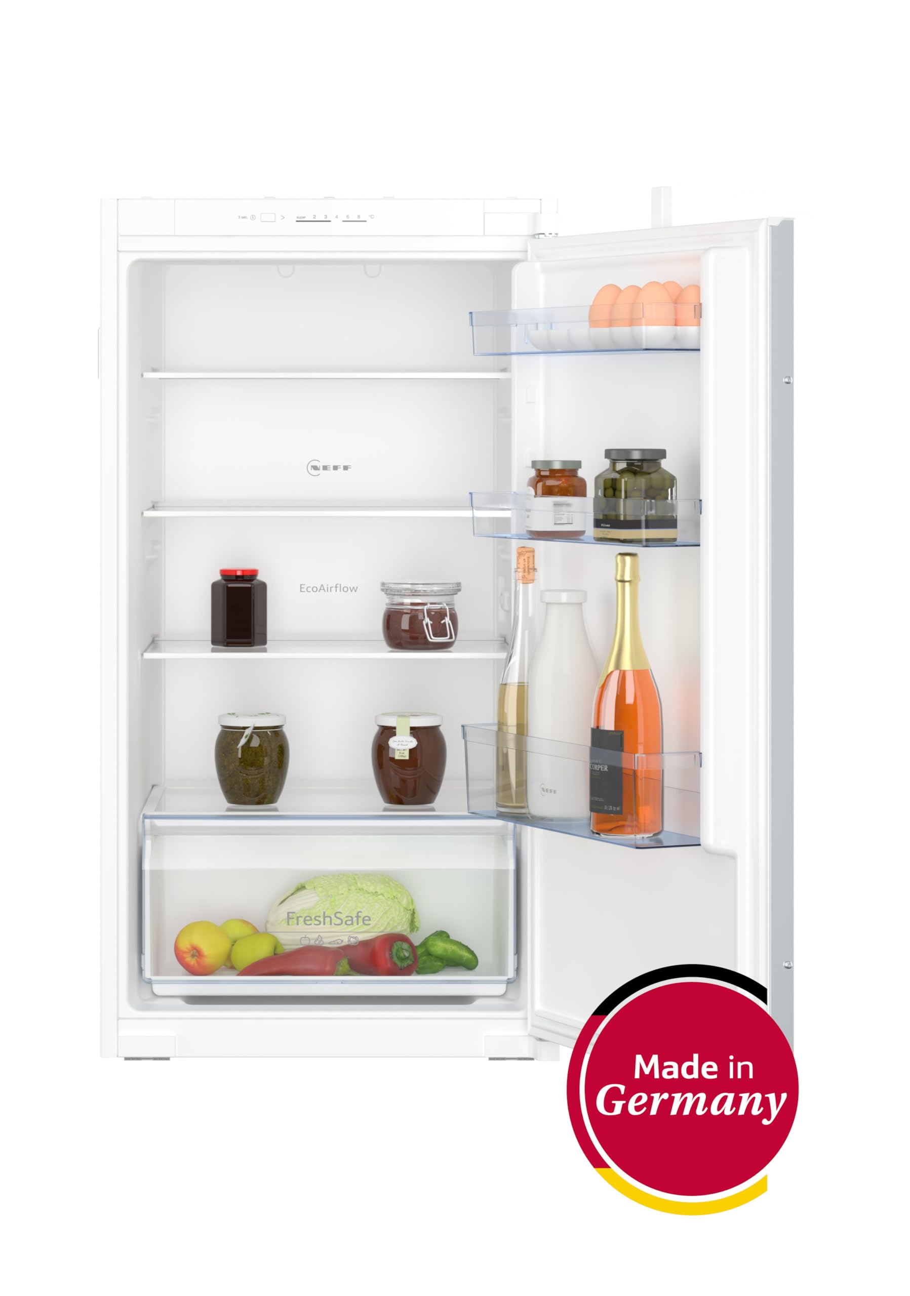 NEFF KI1311SE0, N 30, Einbaukühlschrank, 102,5 x 56 cm, 165 L Kühlen, Made in Germany, Leise, Sicherheitsglas, FreshSafe Schublade, Eco Air Flow für konstante Innentemperatur, Schleppscharnier | Made in Germany, 165 L Kapazität, Fresh Safe Box für knackig