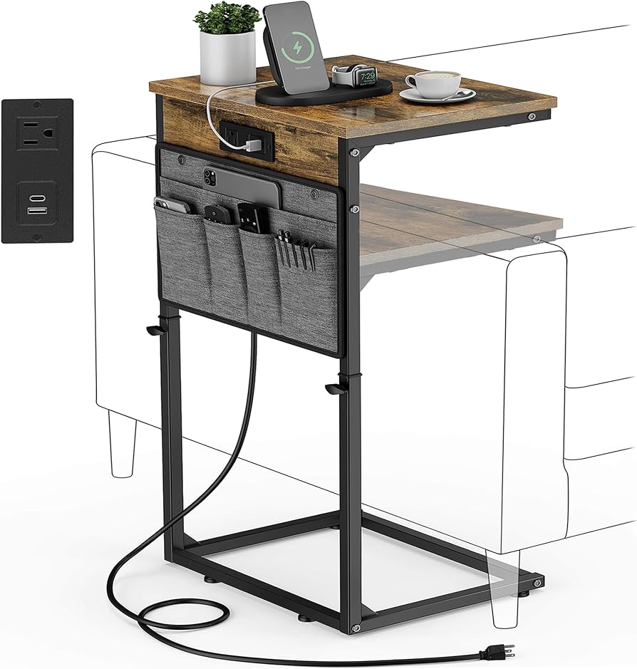 Vagusicc C Shaped End Table with Charging Station, 33" Tall Side Table for Couch, Sofa Table Adjustable Height Small Couch Side C Table, Slide Under Sofa Tray Arm Table for Living Room, Bedroom, Brown