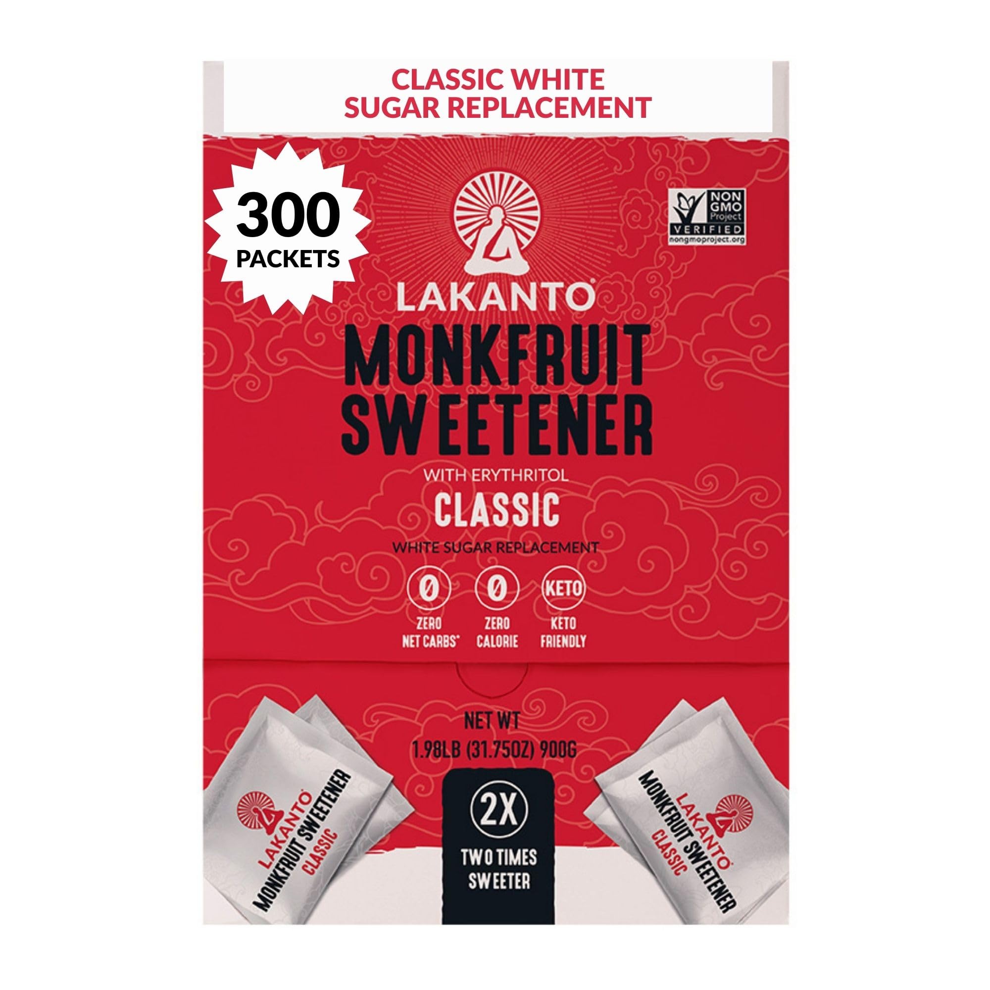 Lakanto Classic Monk Fruit Sweetener with Erythritol Packets - 2X Sweetness White Sugar Replacement, Perfect for Coffee, Tea, Lemonade, Sweeten On the Go, Travel - Classic (3g - 300 Count)