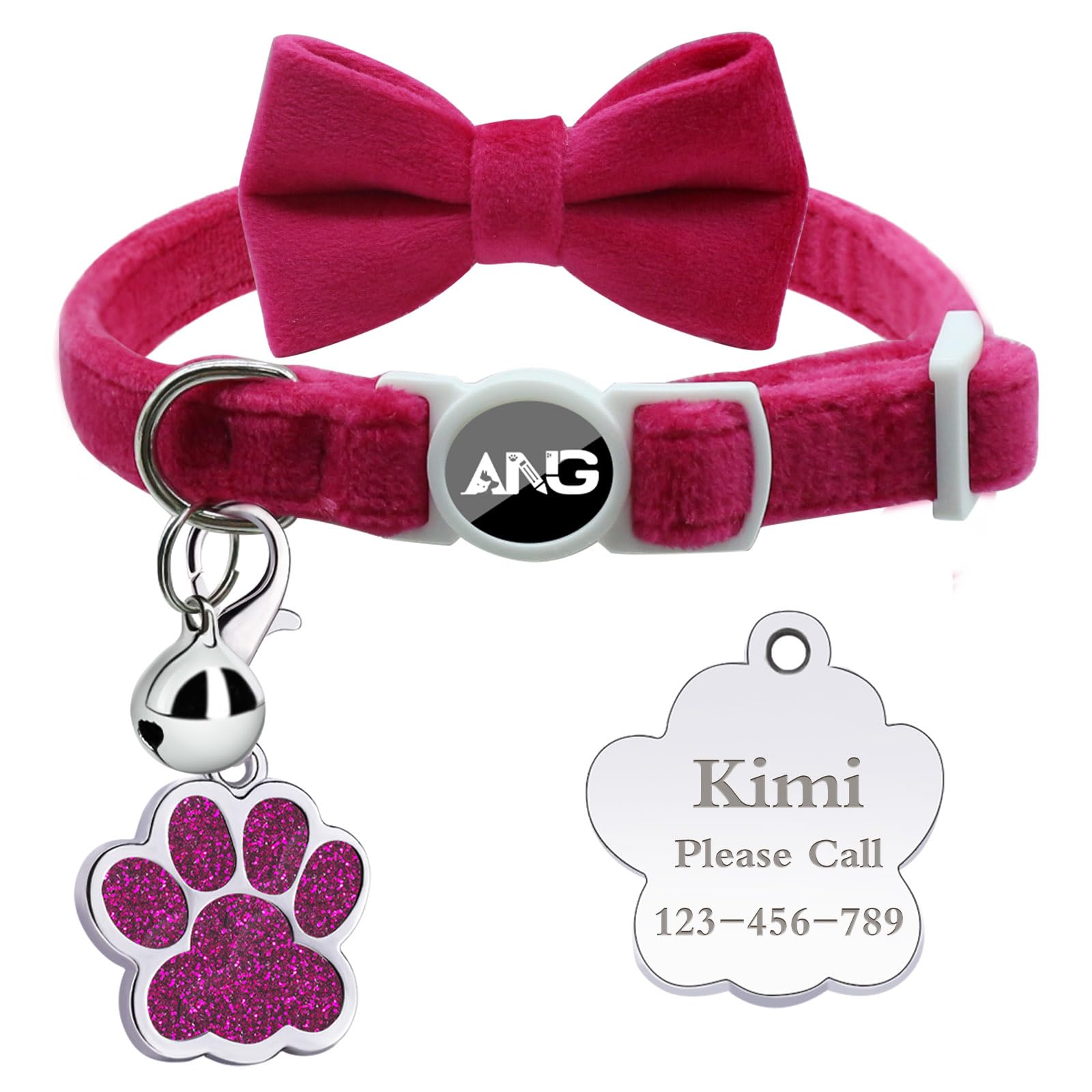 Personalised Breakaway Cat Collars - ID Tag, Bell, Bowtie - Safety Quick-Release, Customised for Female & Male Cats-Velvet Pattern-Rose