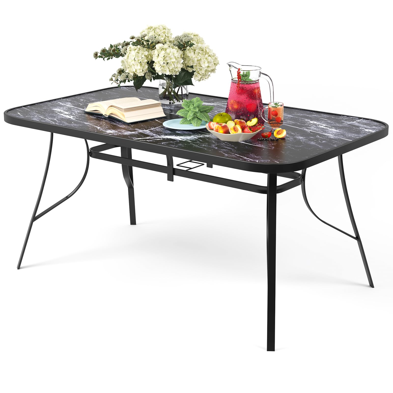 The Fellie Garden Table 150x90cm Patio Table with Parasol Hole Marble Grain Tempered Glass Top Rectangular Outdoor Dining Tables Round Bistro Tables