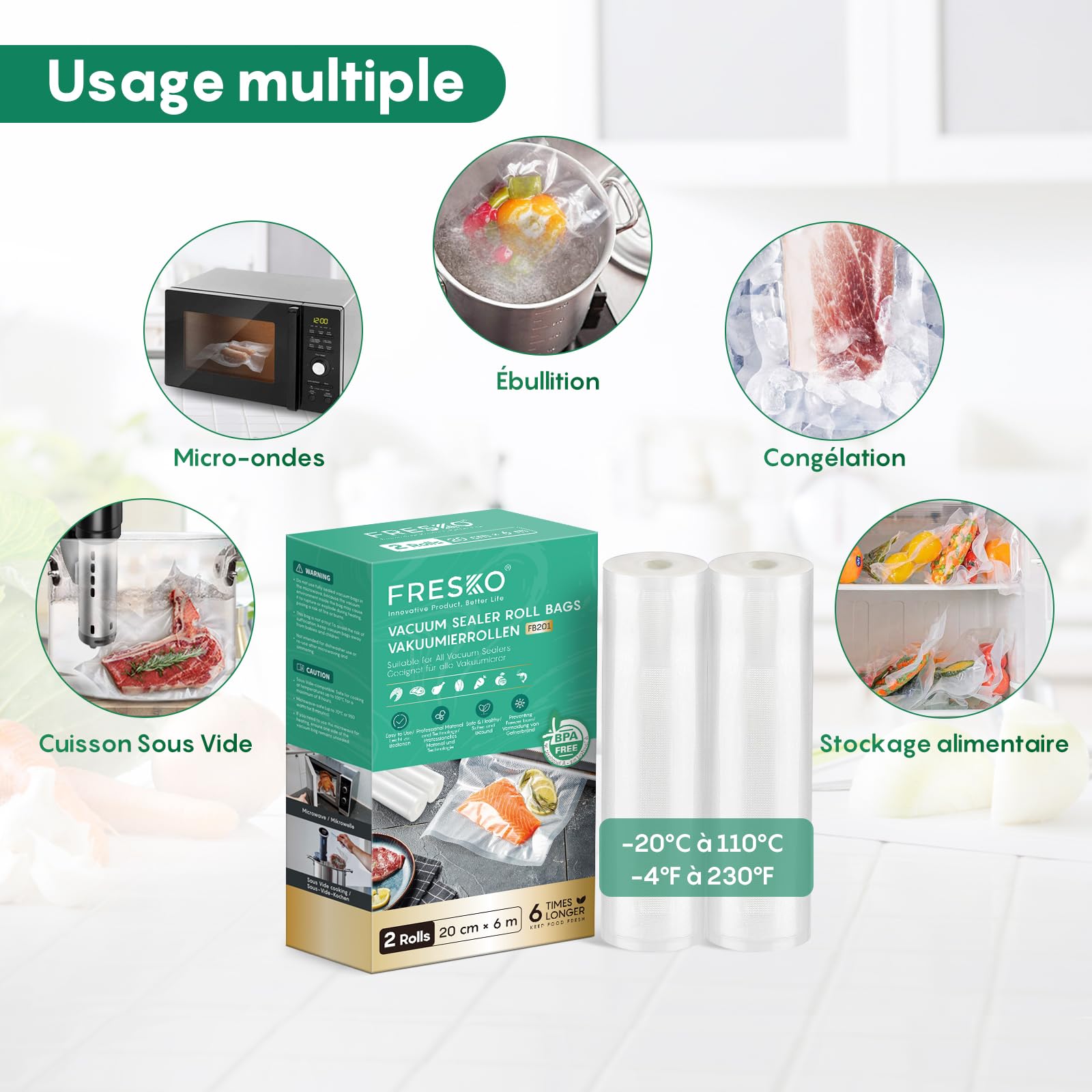 FRESKO Sacs Sous Vide 2 Rouleaux 28x600 Cm - Sachets Alimentaires Personnalisables Sans BPA