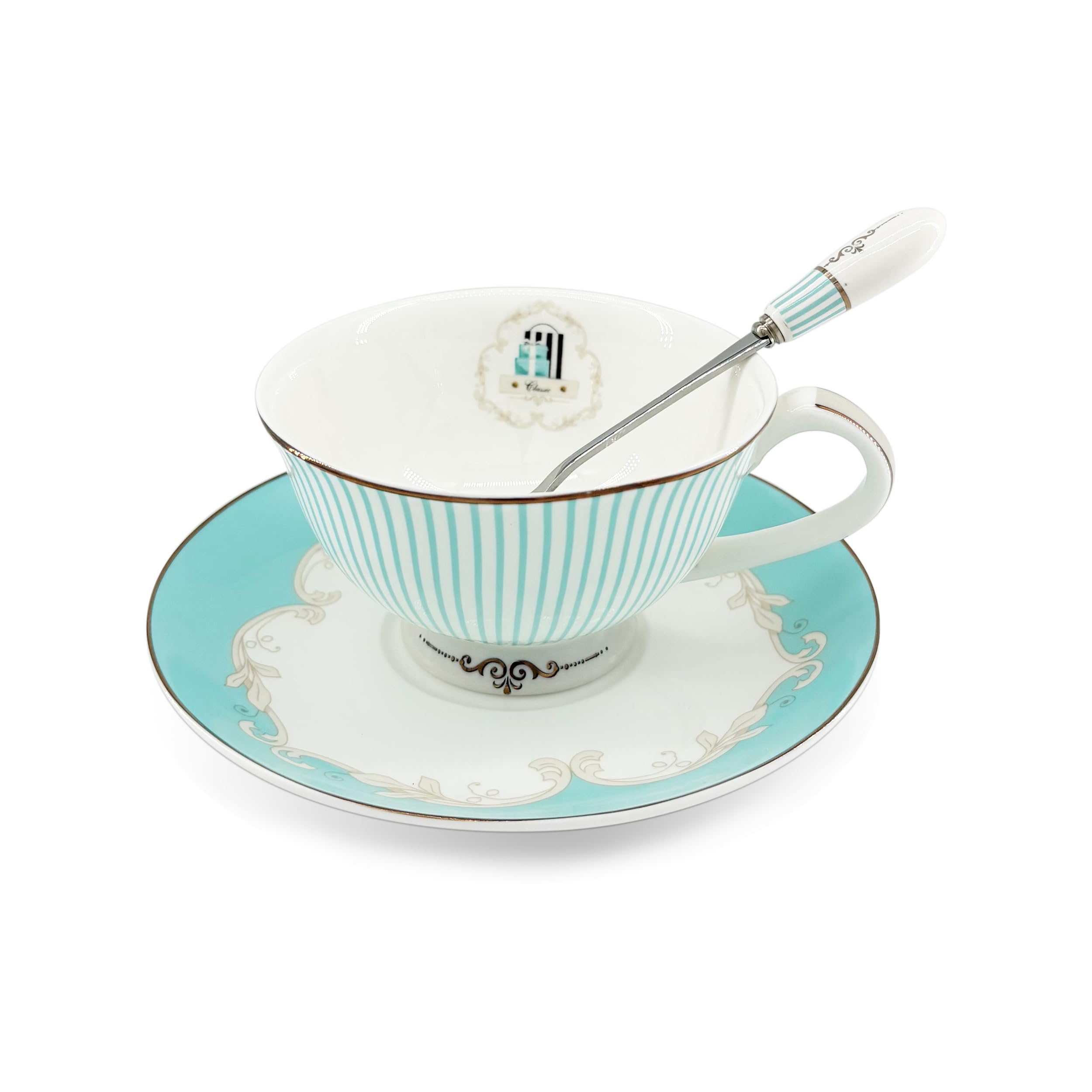 Vintage Ceramic Teacup Elegant Coffee Cup with Spoon and Saucer Set,Royal Bone China Tea Cups (Stripe)