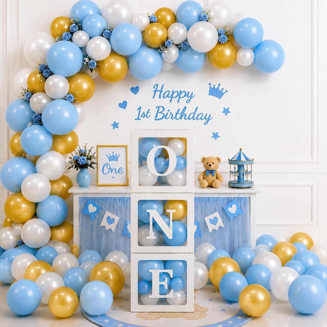 Party Propz One Box for 1st Birthday - 34 Pcs, Baby Balloon Box for 1st Birthday | First Bday Decorations Boy | 1 Birthday Decoration Items for Boy | First Year Bday Balloons Blue Golden White