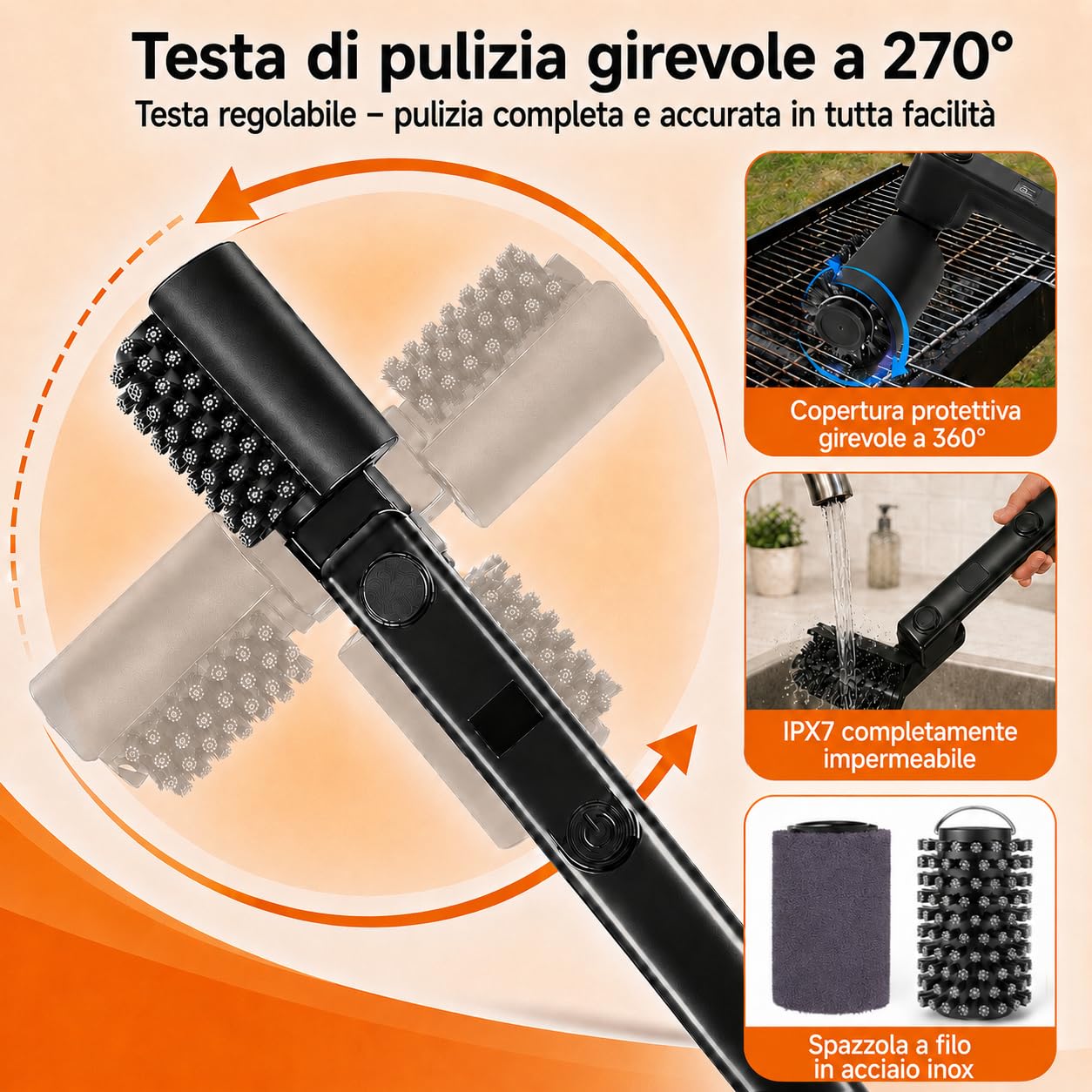 Spazzola Elettrica per Barbecue Senza Fili Angolo 270° Regolabile | 3 livelli pulizia, durata 90 min, impermeabile IPX7, testine acciaio inox e nylon, USB-C, grigliate e barbecue carbonella