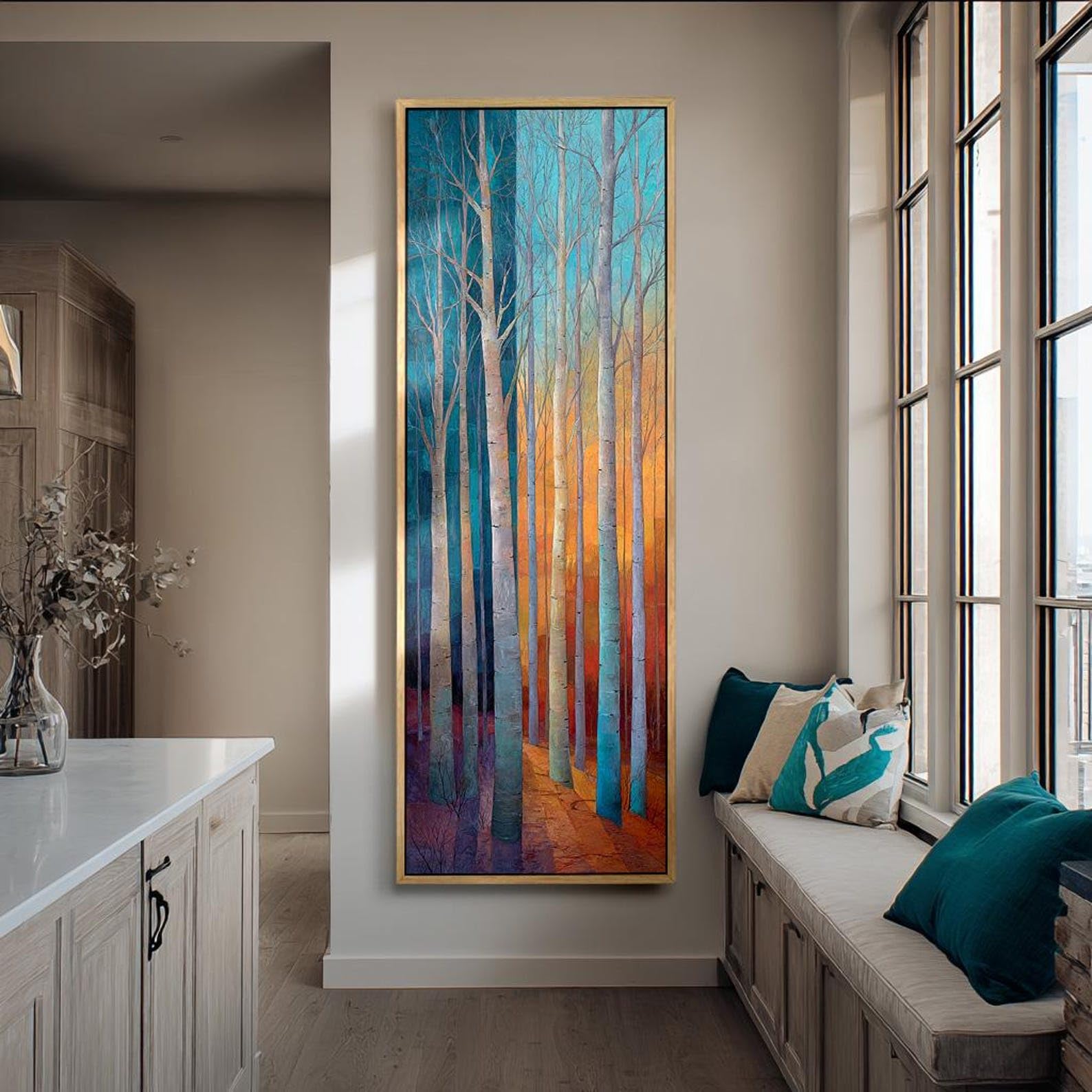 XINBAO Obraz na płótnie brzozowy, wysokie wąskie drzewa, druk pionowy inspirowany naturą dzieło sztuki, dekoracja ścienna na płótnie do domu (35 x 105 cm/wewnętrzna rama)