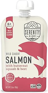 Serenity Kids 6+ Months Salmon Baby Food Pouches - Wild-Caught Salmon & Butternut Squash - High-Protein Baby Snacks - No Sugar Added Toddler Meals - 3.5 Oz, Pack of 6