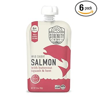 Serenity Kids 6+ Month Salmon Baby Food Pouches - BPA-Free Wild Caught Salmon & Organic Butternut Squash & Beet - No Added Sugar & High Protein - 3.5 Oz, 6 Pack