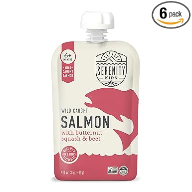Serenity Kids 6+ Month Salmon Baby Food Pouches - BPA-Free Wild Caught Salmon & Organic Butternut Squash & Beet - No Added Sugar & High Protein - 3.5 Oz, 6 Pack