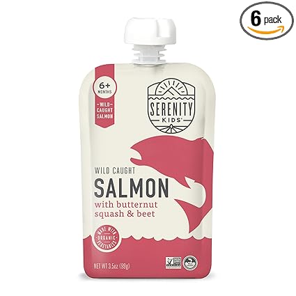 Serenity Kids 6+ Month Salmon Baby Food Pouches - BPA-Free Wild Caught Salmon & Organic Butternut Squash & Beet - No Added Sugar & High Protein - 3.5 Oz, 6 Pack
