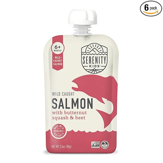 Serenity Kids 6+ Month Salmon Baby Food Pouches - BPA-Free Wild Caught Salmon & Organic Butternut Squash & Beet - No Added Sugar & High Protein - 3.5 Oz, 6 Pack