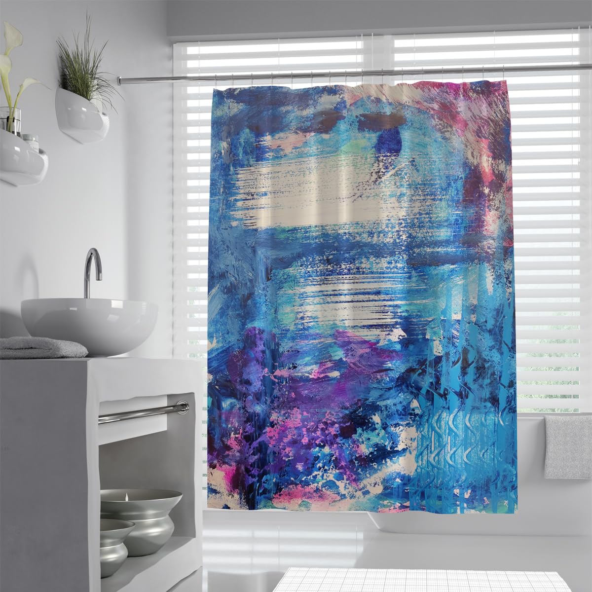 UIRINGART Impressionist Bathroom Curtains W90xL180cm Blue Purple Pink Grungy Abstract Brushstrokes Pattern Mildew Mould Resistant Polyester Fabric Wet Rooms