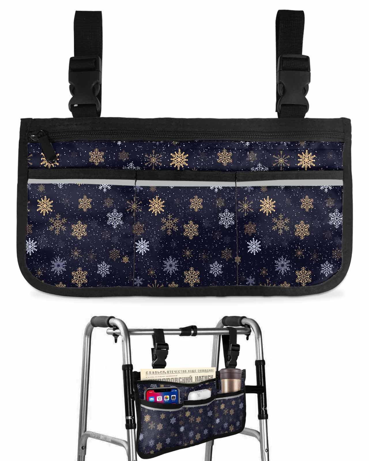 Anzona Navy Blue Yellow Christmas Wheelchair Side Bag Walker Bag, Xmas Winter Snowflake Wheelchair Accessories Armrest Pouch, Organizer Storage Bag for Walkers, Rollators, Scooters, 7.3''x13''