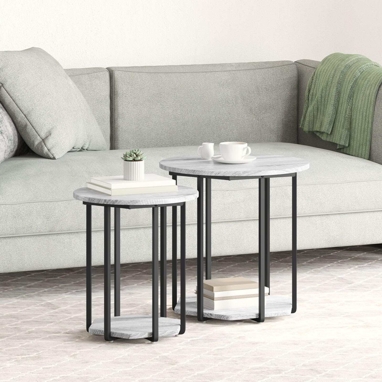 SXZenSpace 869717 Side Table 2 pcs Grey Sonoma Engineered Wood and Metal - Modern Nightstand End for Home Bedroom Living Room Easy Assembly Hallway Coffee