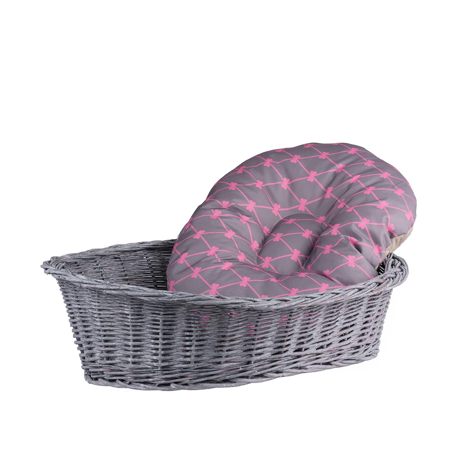 Cesta para perros de mimbre para perros y gatos, cama para perros y gatos, cama con cojín, cesta para animales trenzada, cesta para gatos (gris_gris, 95 x 72 cm, altura 27)