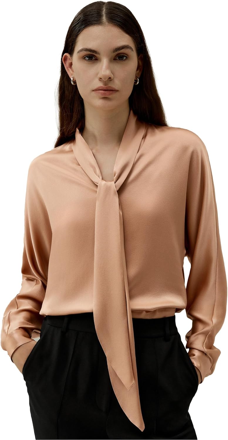LilySilk Women's Pure Silk Shirt Ladies Mulberry Silk Tie Blouse Adjustable Neckline and Batwing Long Sleeves Work