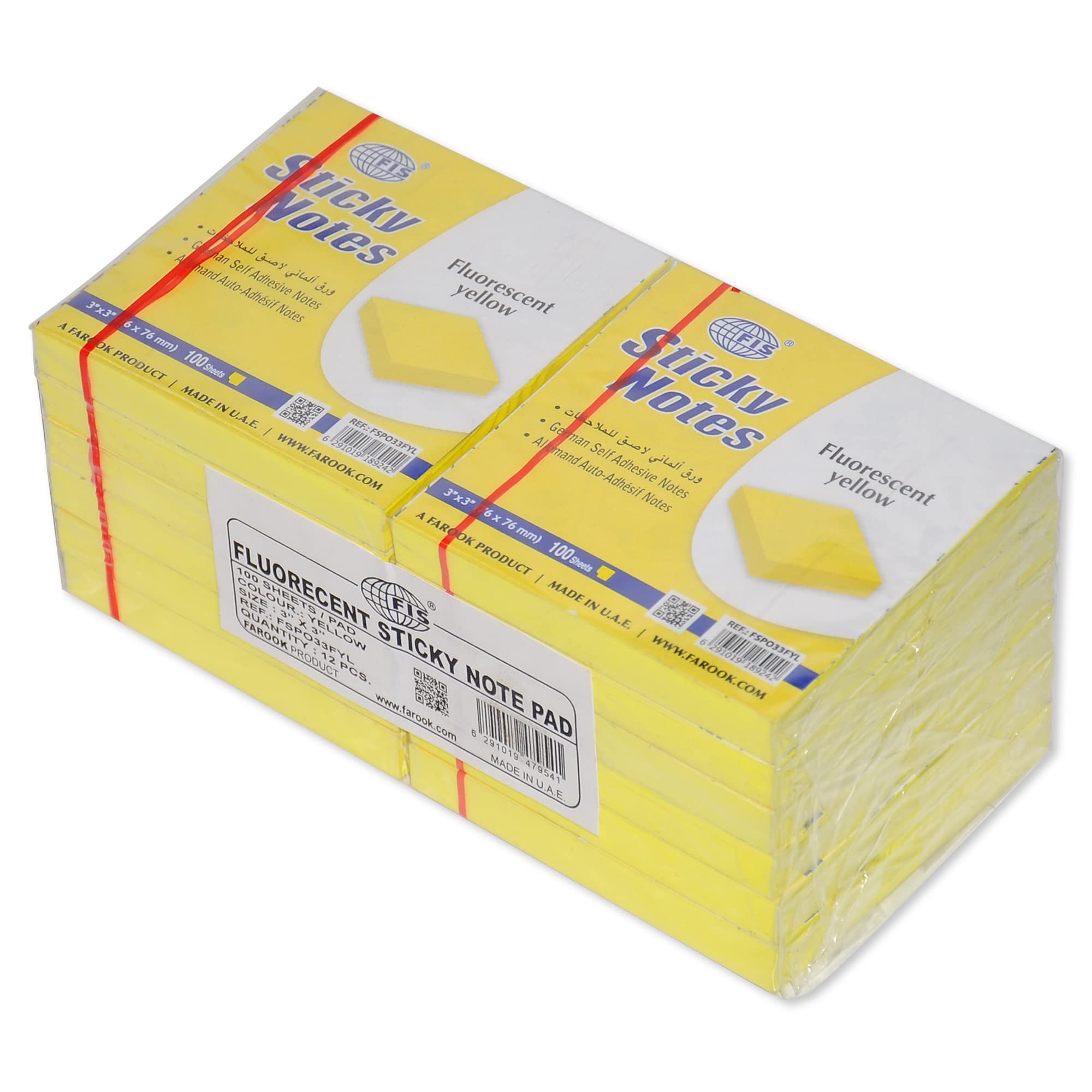 FIS FSPO33FYL Sticky Note Pads, 100 Sheets, 12-Pack, 3-inch x 3-inch Size, Fluorescent Yellow