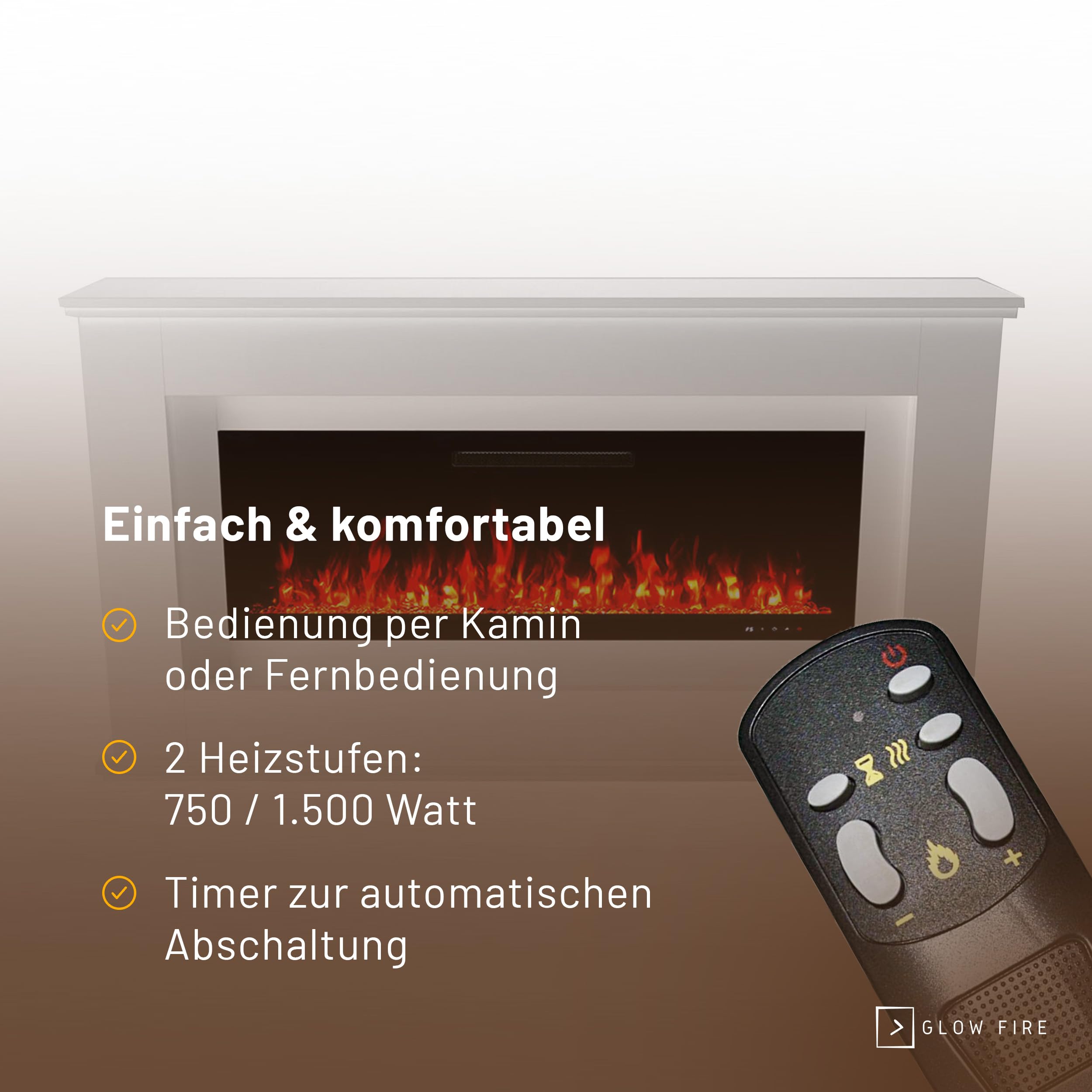 GLOW FIRE Kominek wolnostojący RHEA - Elektryczny z ogrzewaniem i płomieniem LED, 5 kolorów, grzałka, dekoracja, pilot - 178x97x33 cm, Biały