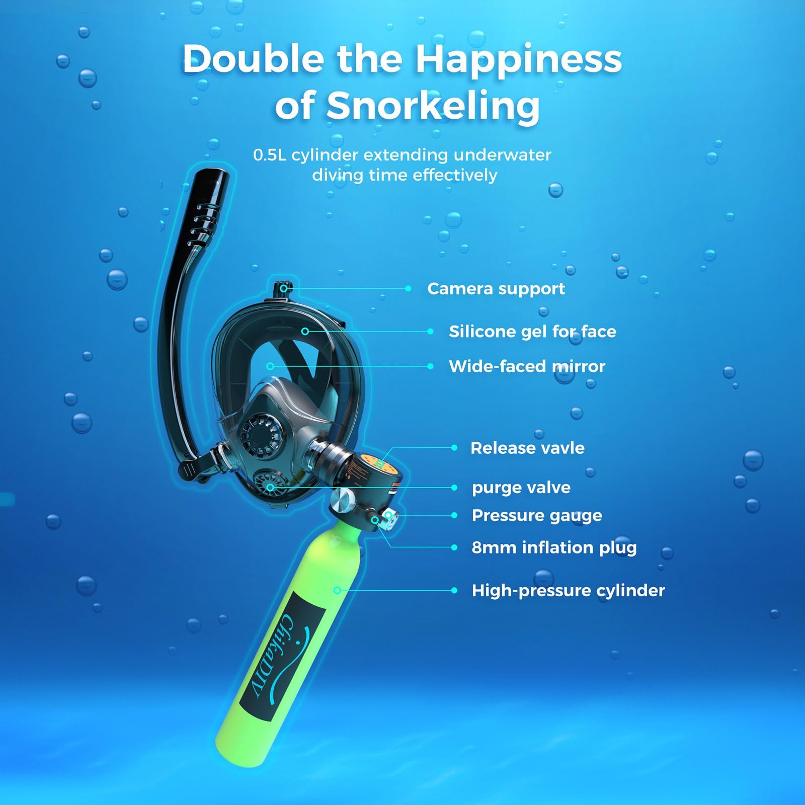Mini Bombola Sub con Sub Snorkel Maschera, 0.5L Bombola Subacquea con Full-Face Fino a 10 Minuti Tempo di Immersione Scuba Tank Supporta Anti-Fog
