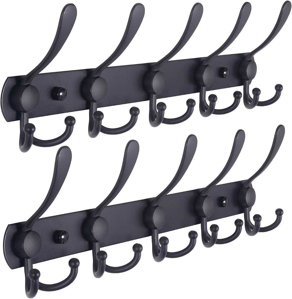Perchero montado en la pared – 5 ganchos triples, resistente, acero inoxidable, barra de gancho de metal para abrigos, sombreros, toallas, bolsos, batas, vestíbulo, baño, entrada (negro, 2 paquetes)