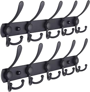 Dseap Wall Mounted Coat Rack - 5 Triple Hooks Heavy Duty Stainless Steel Black, 2 Packs for Entryway Bathroom Mudroom Towels Coats